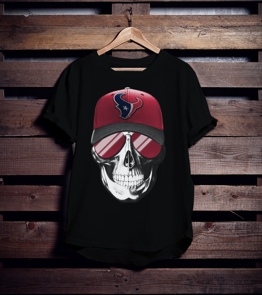 Skull With Red Cap Featuring Houston Texans Logo And Reflective Sunglasses T-Shirt