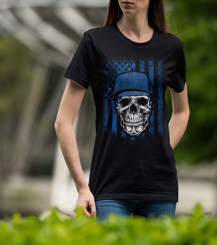 Indianapolis Colts Skull With Blue Flag Background T-Shirt