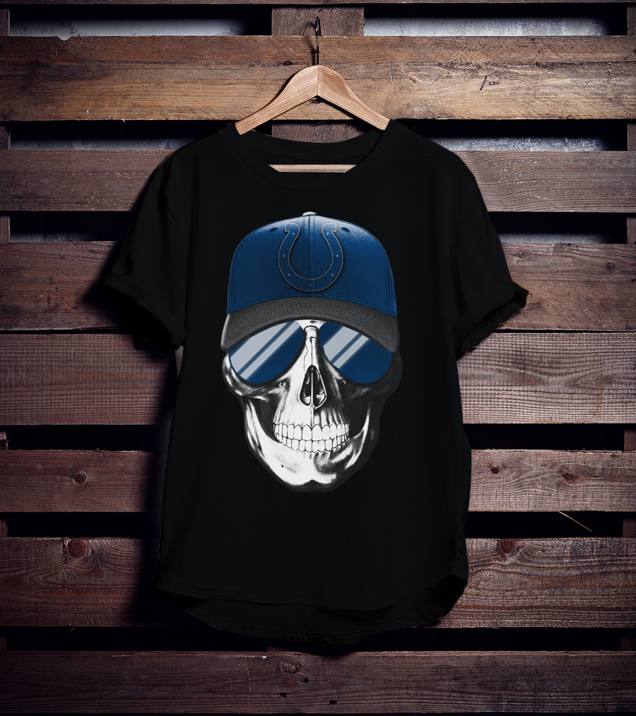 Indianapolis Colts Skull With Blue Cap And Sunglasses T-Shirt