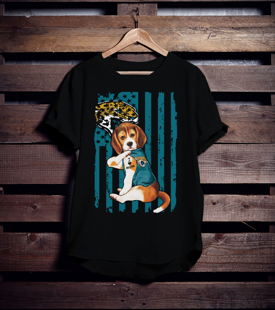 Beagle Wearing Jacksonville Jaguars Jersey With I Love Mom Tattoo And Jaguar T-Shirt