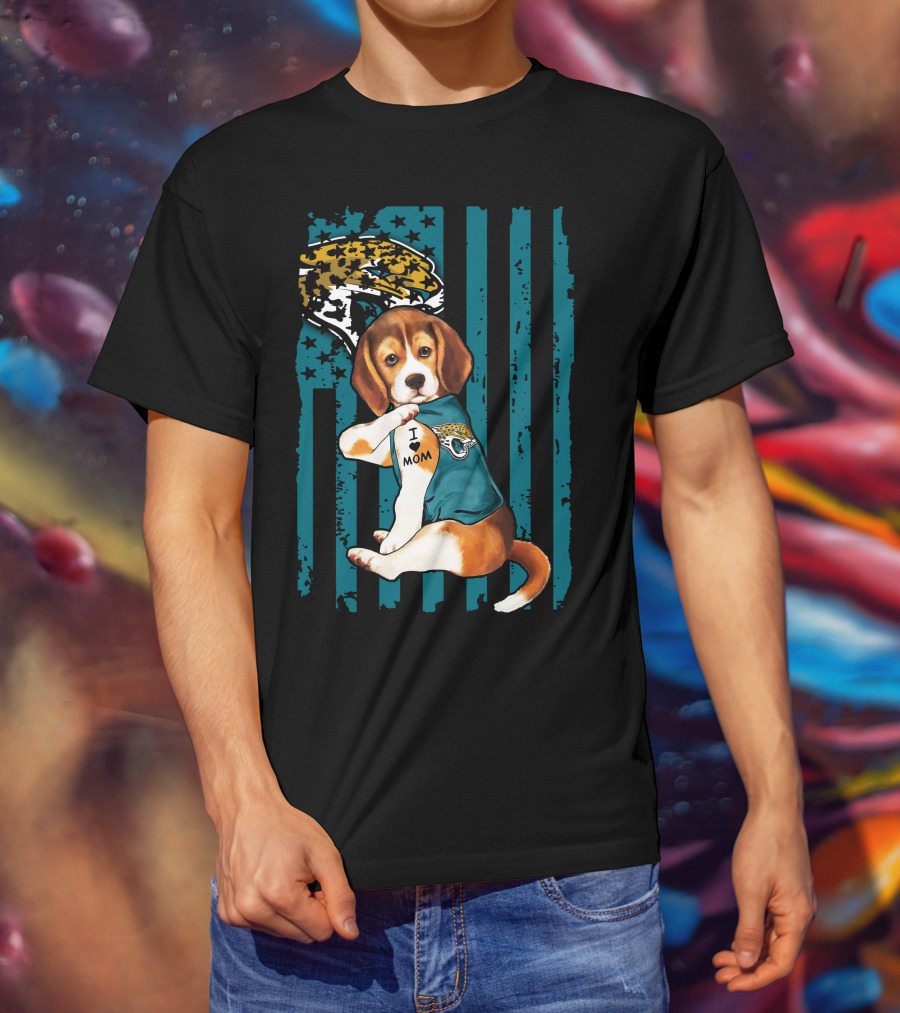 Beagle Wearing Jacksonville Jaguars Jersey With I Love Mom Tattoo And Jaguar T-Shirt