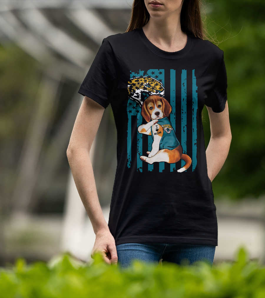 Beagle Wearing Jacksonville Jaguars Jersey With I Love Mom Tattoo And Jaguar T-Shirt
