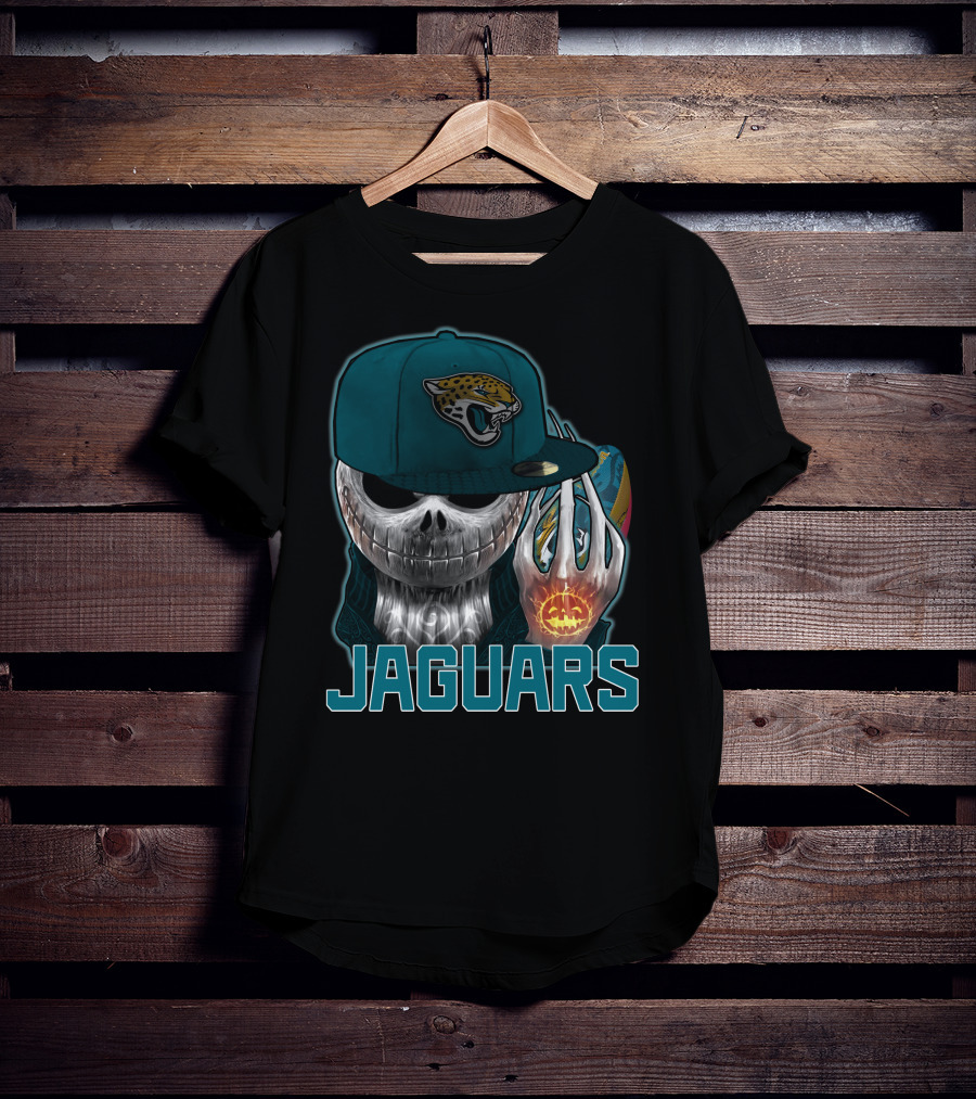 Jackskull Jaguars Halloween Skull Holding Pumpkin With Jaguars Logo Hat T-Shirt