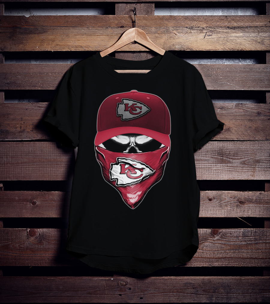 Skull With Kansas City Chiefs Cap And Bandana T-Shirt
