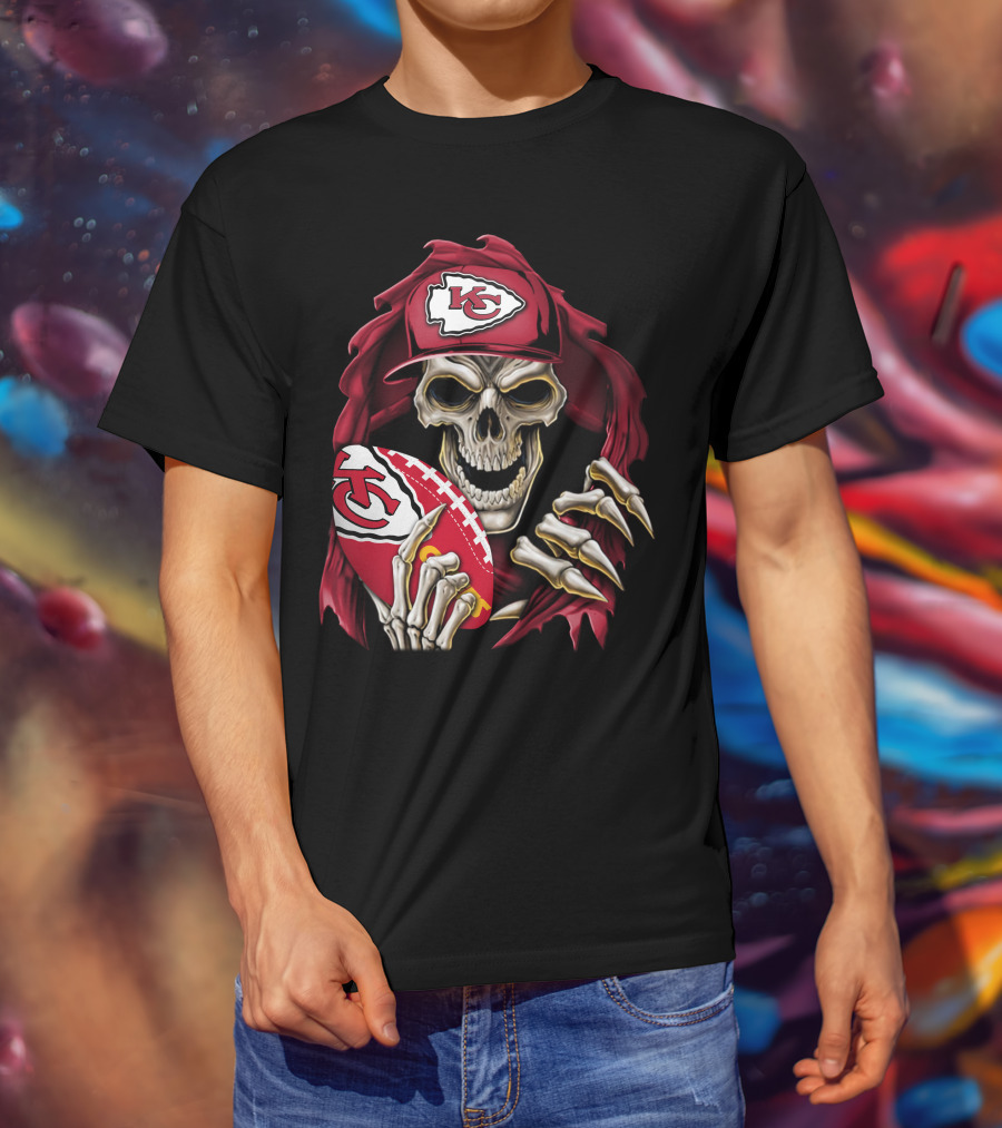Skullbong Kansas City Chiefs Skeleton Holding Football With KC T-Shirt