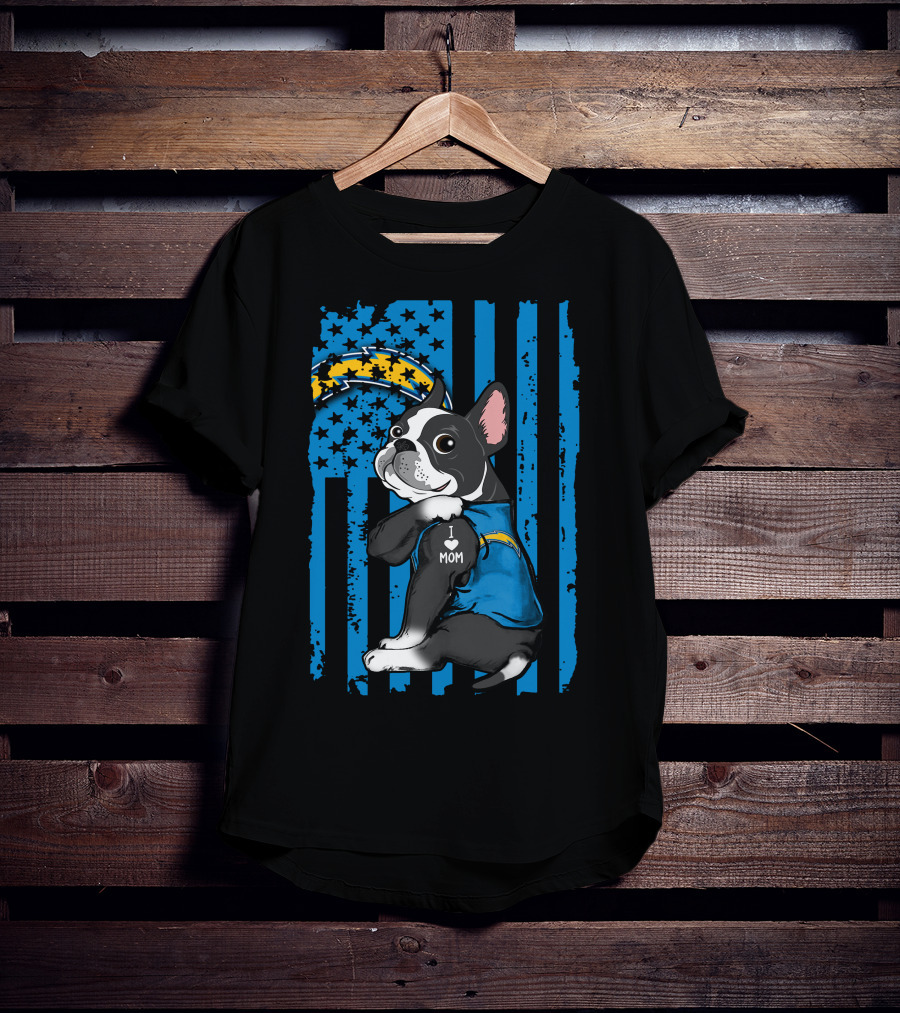 Boston Terrier I Love Mom Los Angeles Chargers Fan T-Shirt