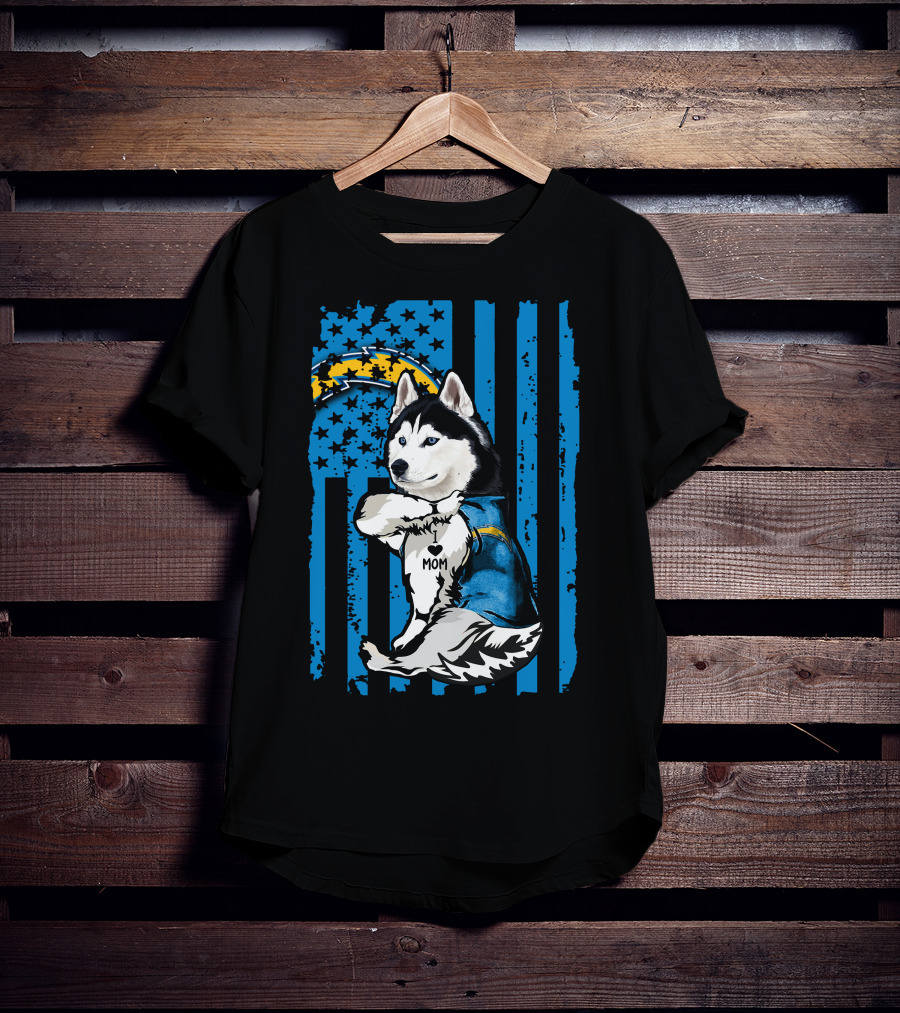Siberian Husky I Love Mom Los Angeles Chargers Blue Stars T-Shirt