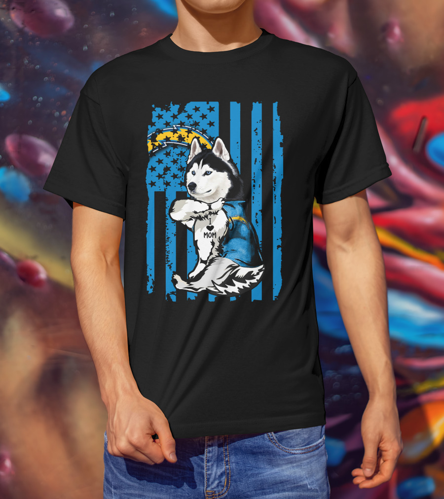 Siberian Husky I Love Mom Los Angeles Chargers Blue Stars T-Shirt