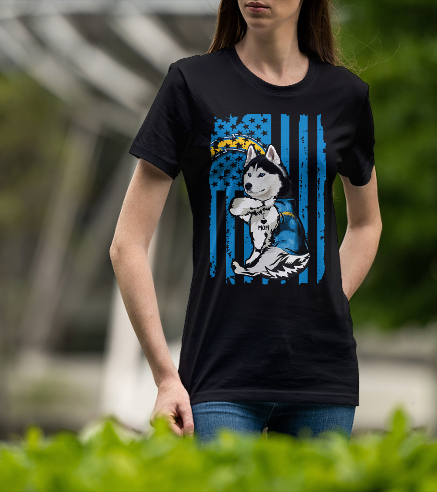 Siberian Husky I Love Mom Los Angeles Chargers Blue Stars T-Shirt