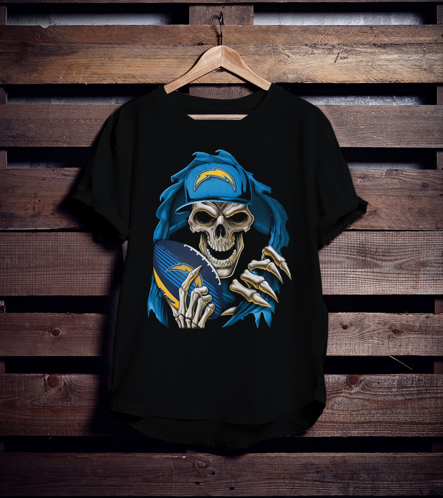 Skullbong Los Angeles Chargers Skeleton Holding Football With Blue Hood And Cap T-Shirt