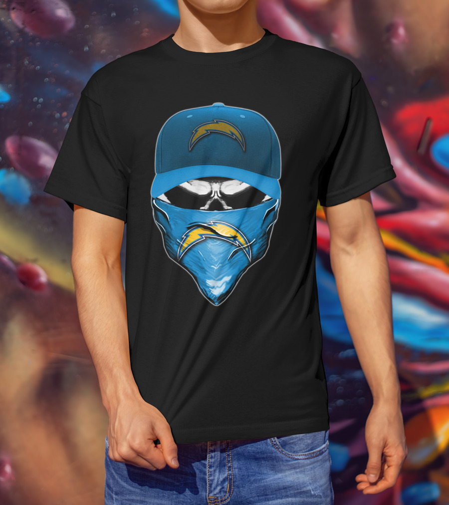 Skull Wearing Los Angeles Chargers Cap And Bandana T-Shirt