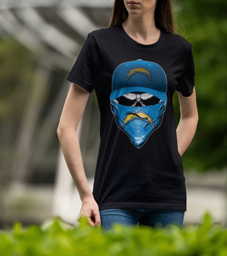 Skull Wearing Los Angeles Chargers Cap And Bandana T-Shirt