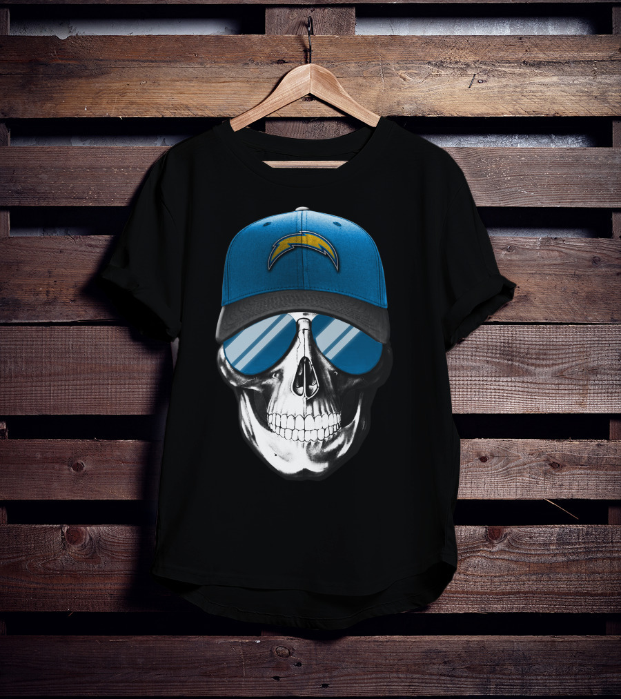 Skull Wearing Los Angeles Chargers Cap With Blue Sunglasses T-Shirt