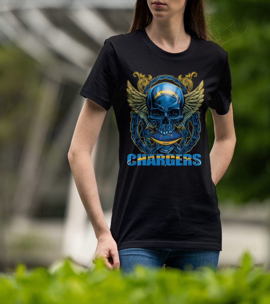 Skullfb Chargers Los Angeles Winged Skull Football Helmet And Chains T-Shirt