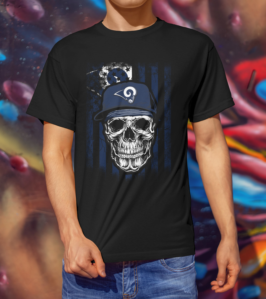 Skull With Los Angeles Rams Cap On American Flag Background T-Shirt