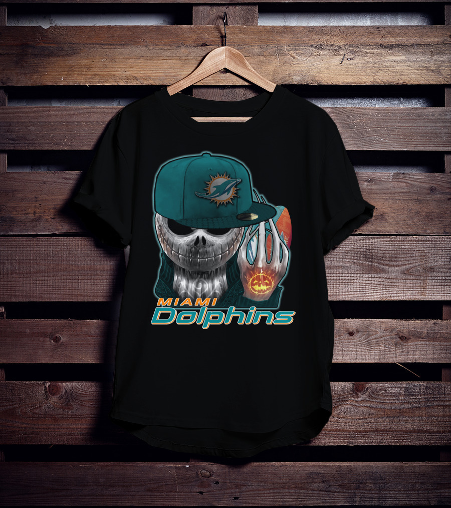 Miami Dolphins Skull With Jack-O'-Lantern Glove T-Shirt
