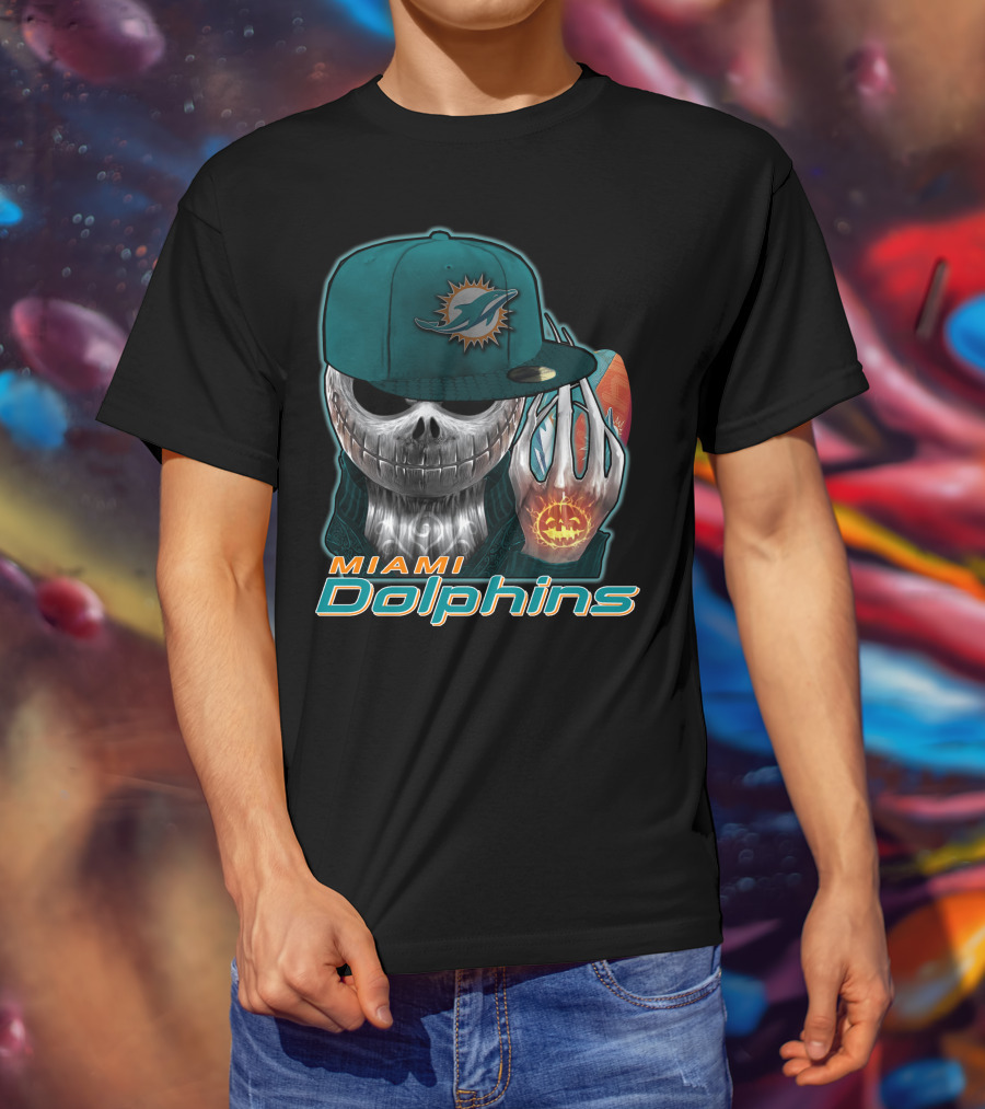 Miami Dolphins Skull With Jack-O'-Lantern Glove T-Shirt