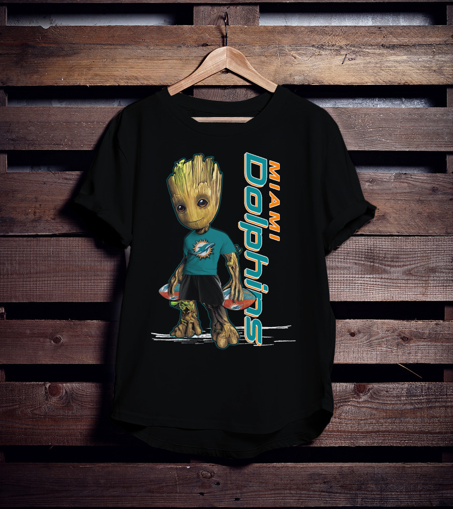 Groot Wearing Miami Dolphins Merchandise With Team Logo And Sports T-Shirt