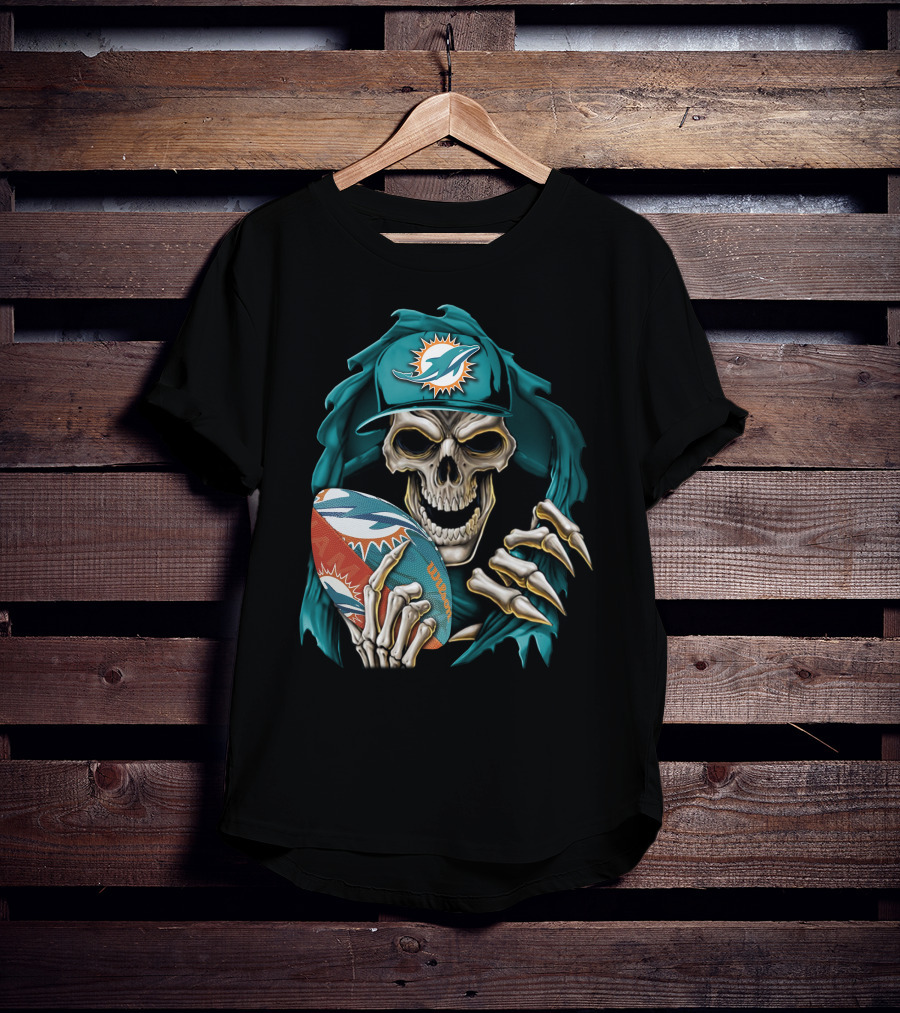 Skullbong Miami Dolphins Football Skeleton T-Shirt