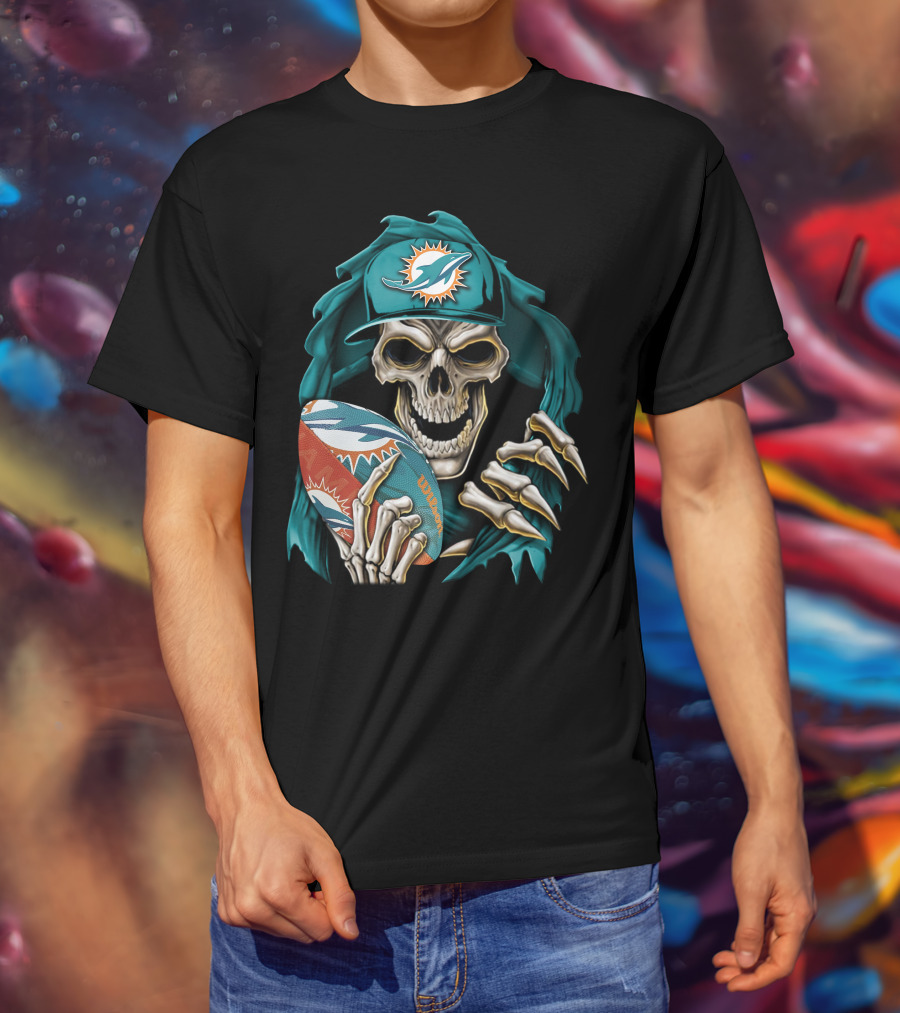 Skullbong Miami Dolphins Football Skeleton T-Shirt