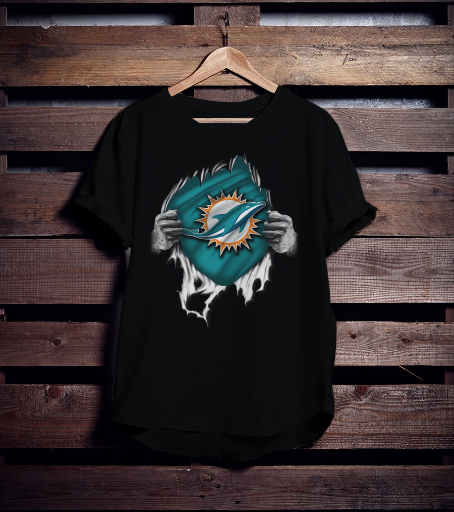 Torn Miami Dolphins Emblem With Hands Peeling Effect T-Shirt