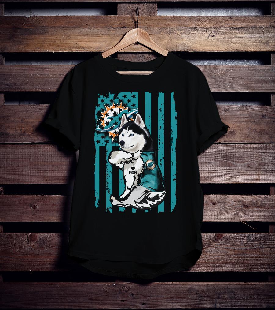 Siberian Husky Miami Dolphins Heart Mom Football Fan Flag T-Shirt