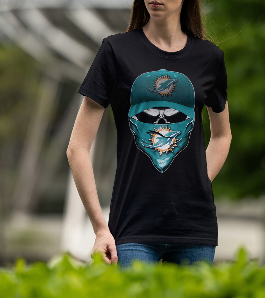 Skull Miami Dolphins Logo Hat And Bandana T-Shirt