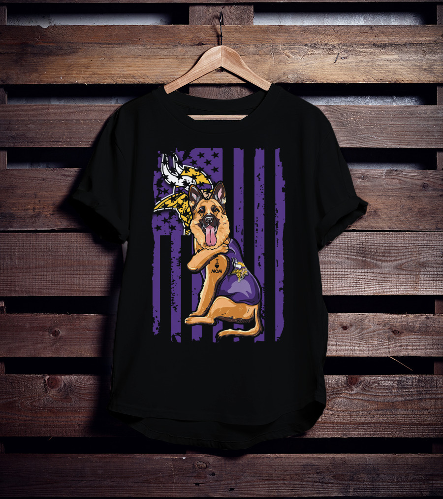 German Shepherd Minnesota Vikings Dog Wearing Jersey With Vikings Logo And I Love Mom Tattoo T-Shirt