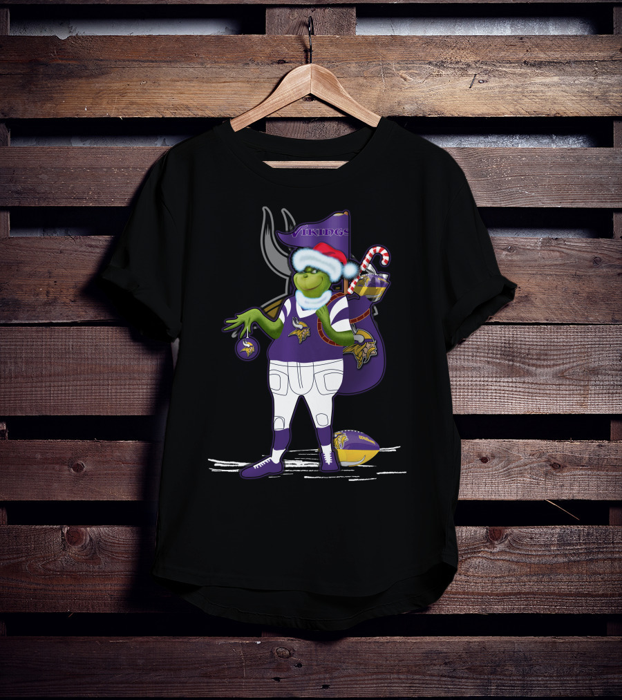 Grinchxmas Minnesota Vikings Santa Hat Candy Cane Football T-Shirt