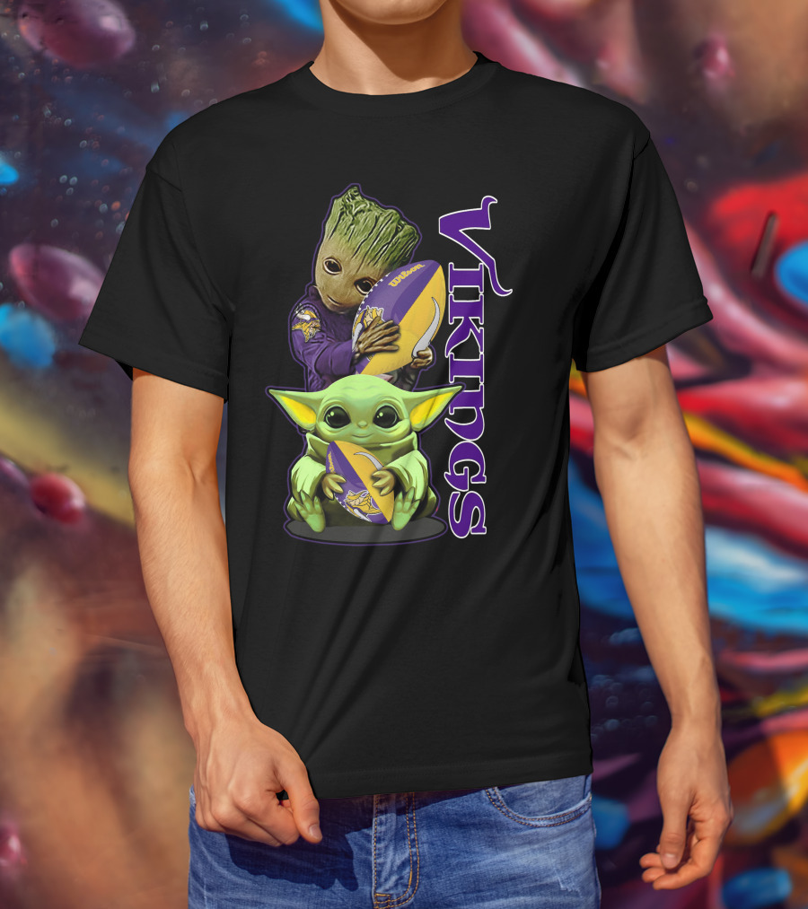 Grzd Minnesota Vikings Groot And Baby Yoda Football Fan T-Shirt