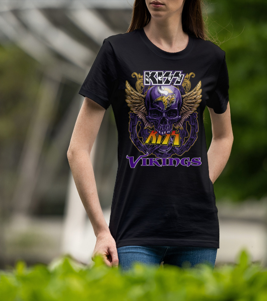 Kiss Vikings Skull With Minnesota Vikings Logo And Wings T-Shirt