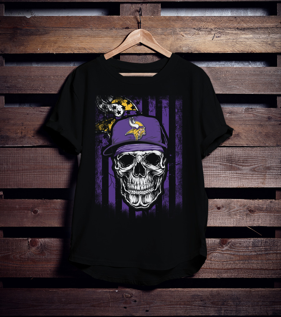 Skull With Minnesota Vikings Hat And Viking Logo On Purple And Black Stripes T-Shirt