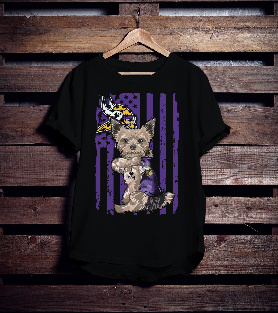 Yorkshire Terrier Wearing Minnesota Vikings I Love Mom Shirt With Viking Head And Purple Distressed Stripes Background T-Shirt