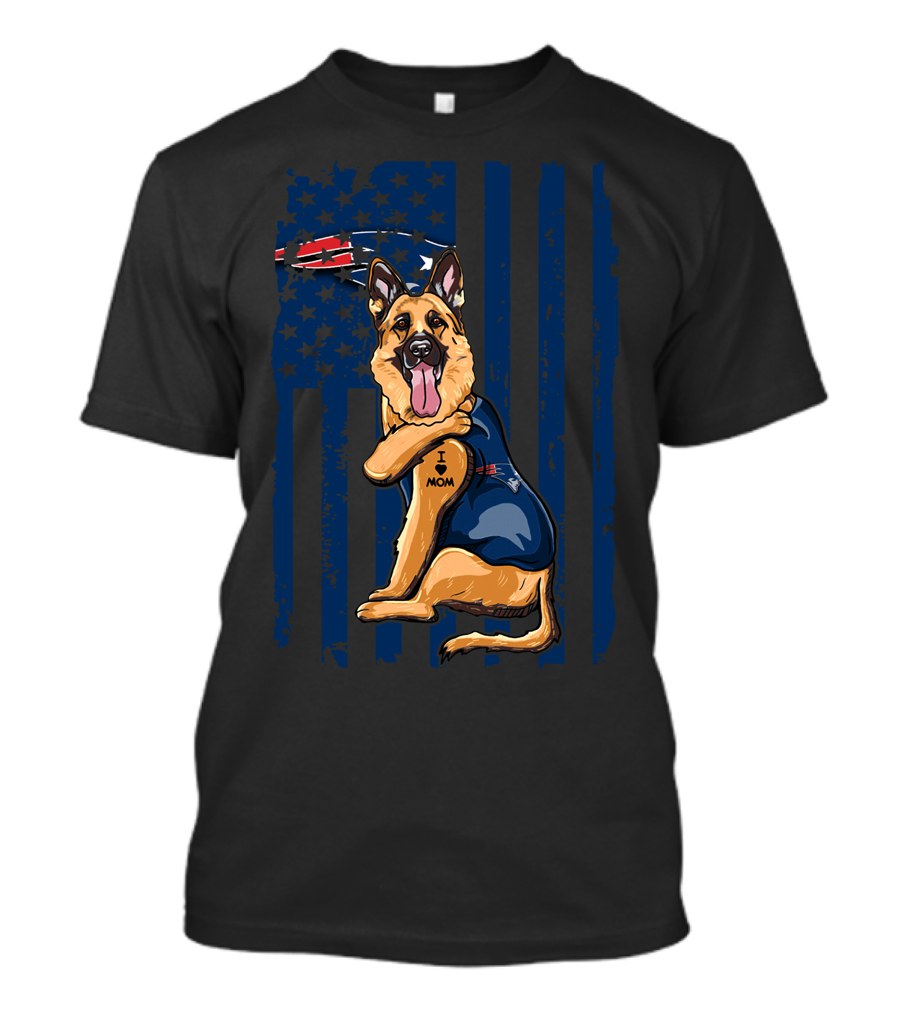 German Shepherd I Love Mom New England Patriots Fan USA Flag T-Shirt