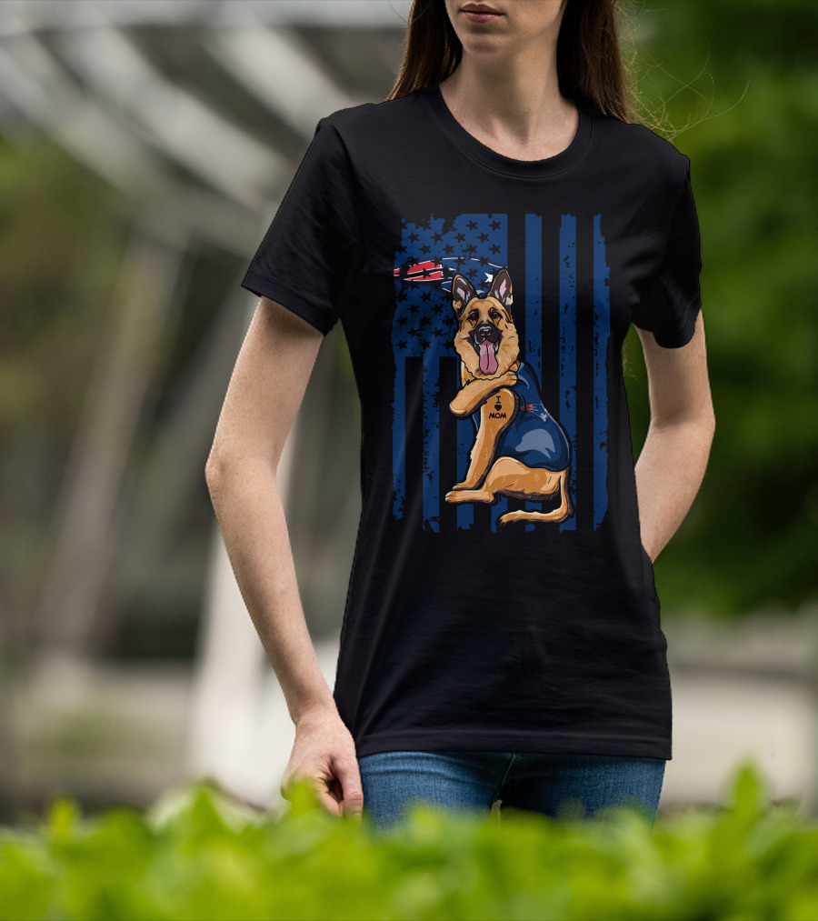 German Shepherd I Love Mom New England Patriots Fan USA Flag T-Shirt