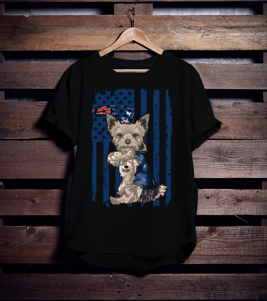 Yorkshire Terrier With I Love Mom Vest And New England Patriots Themed Background T-Shirt