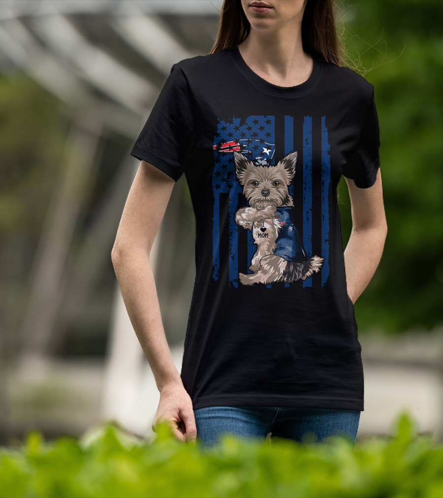 Yorkshire Terrier With I Love Mom Vest And New England Patriots Themed Background T-Shirt