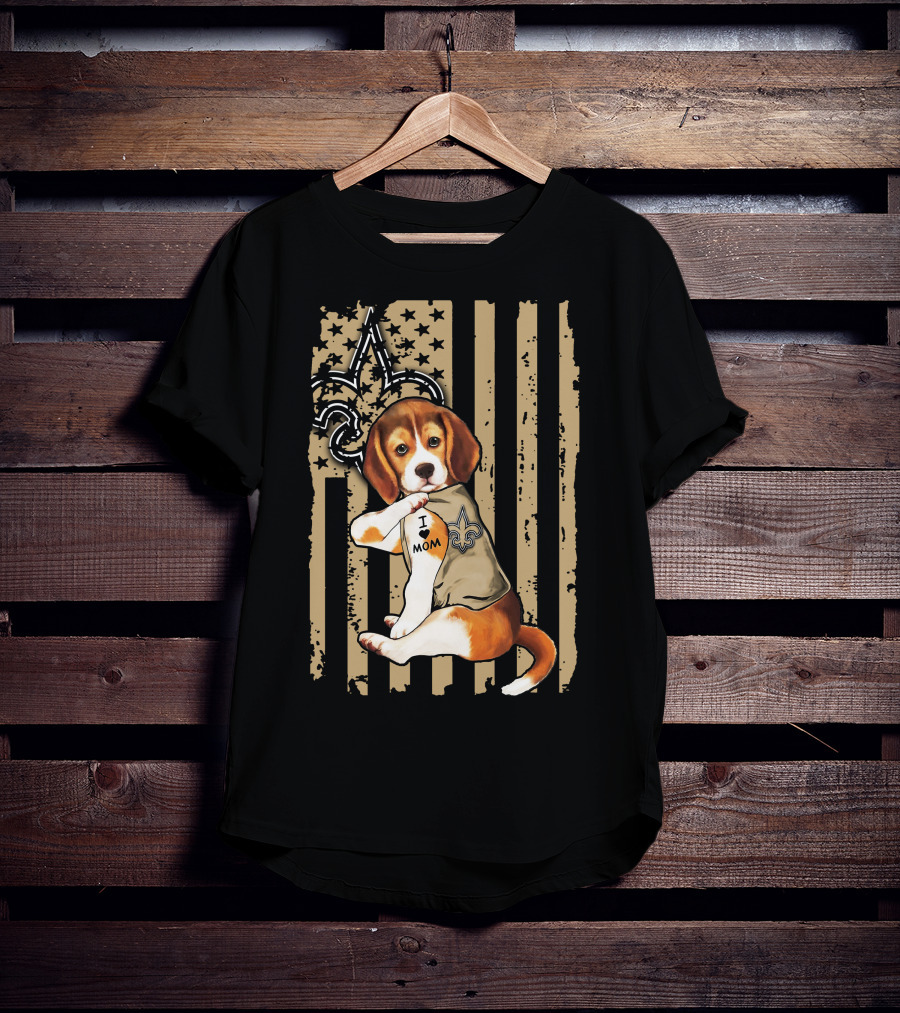 Beagle I Love Mom New Orleans Saints Fleur-de-Lis American Flag T-Shirt