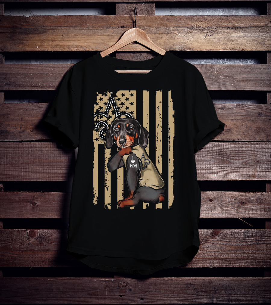 Dachshund I Love Mom New Orleans Saints Fleur-de-Lis Stars Stripes T-Shirt