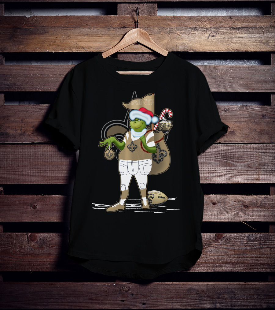 Grinchxmas New Orleans Saints Football Holiday Fun With Santa Hat And Fleur-de-Lis T-Shirt
