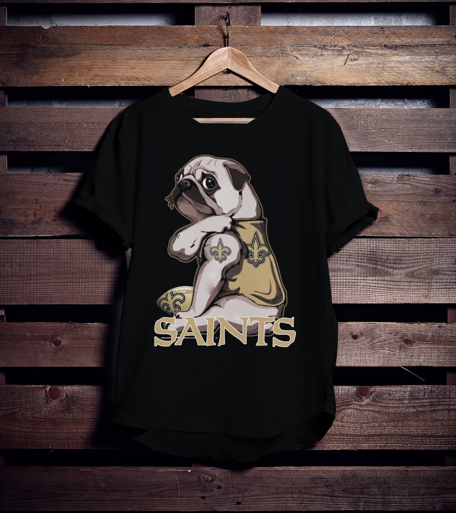 Pug Wearing New Orleans Saints Jersey With Fleur-de-Lis Tattoo And Football T-Shirt