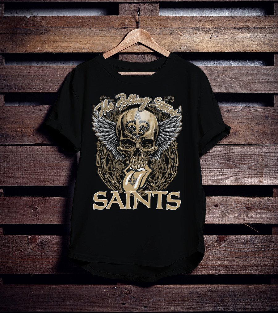 The Rolling Stones New Orleans Saints Skull And Winged Logo With Fleur-De-Lis And Tongue Chain T-Shirt