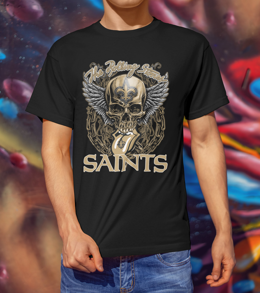 The Rolling Stones New Orleans Saints Skull And Winged Logo With Fleur-De-Lis And Tongue Chain T-Shirt