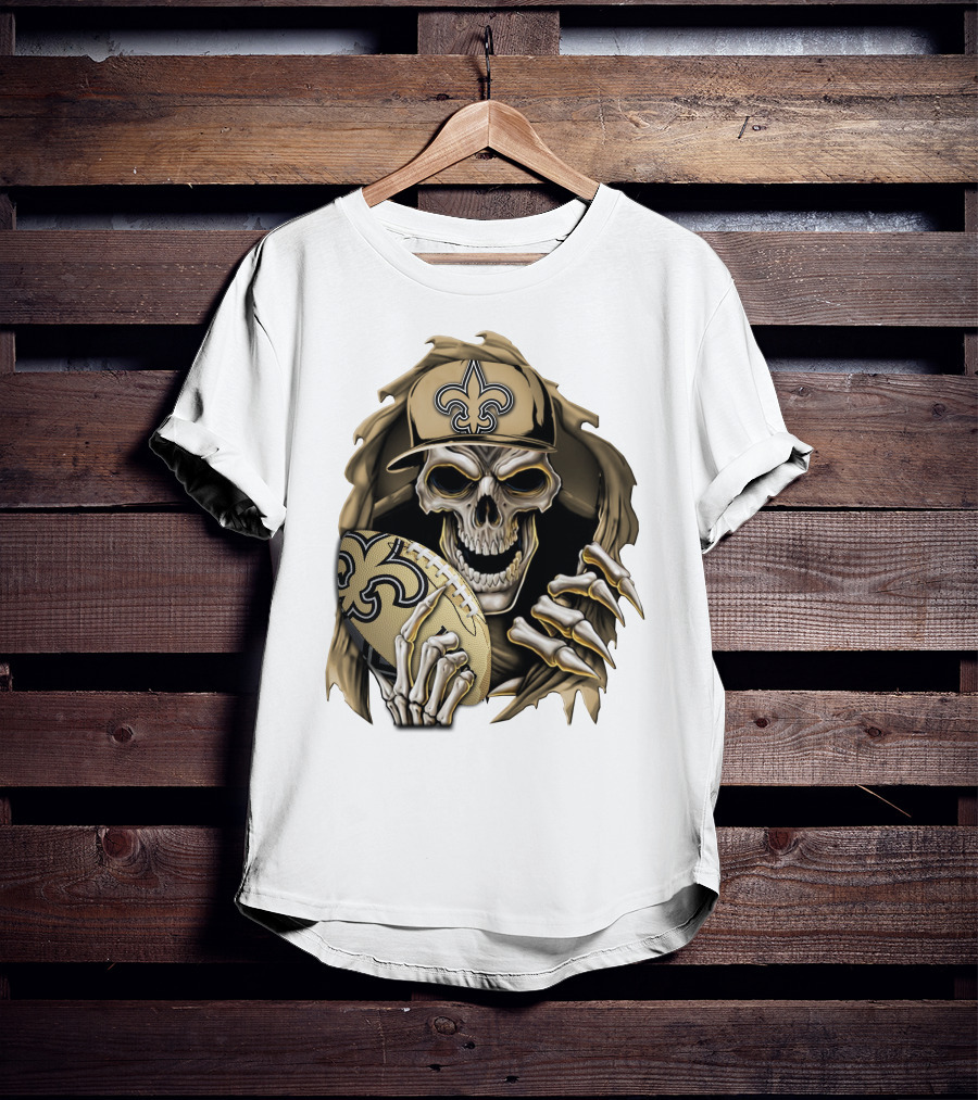 Skullbong New Orleans Saints Skeleton Holding Football With Fleur-de-Lis Cap T-Shirt