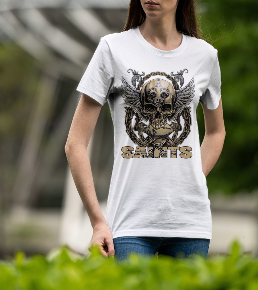 Saints Skullfb Winged Skull With Fleur-de-lis And Chains T-Shirt