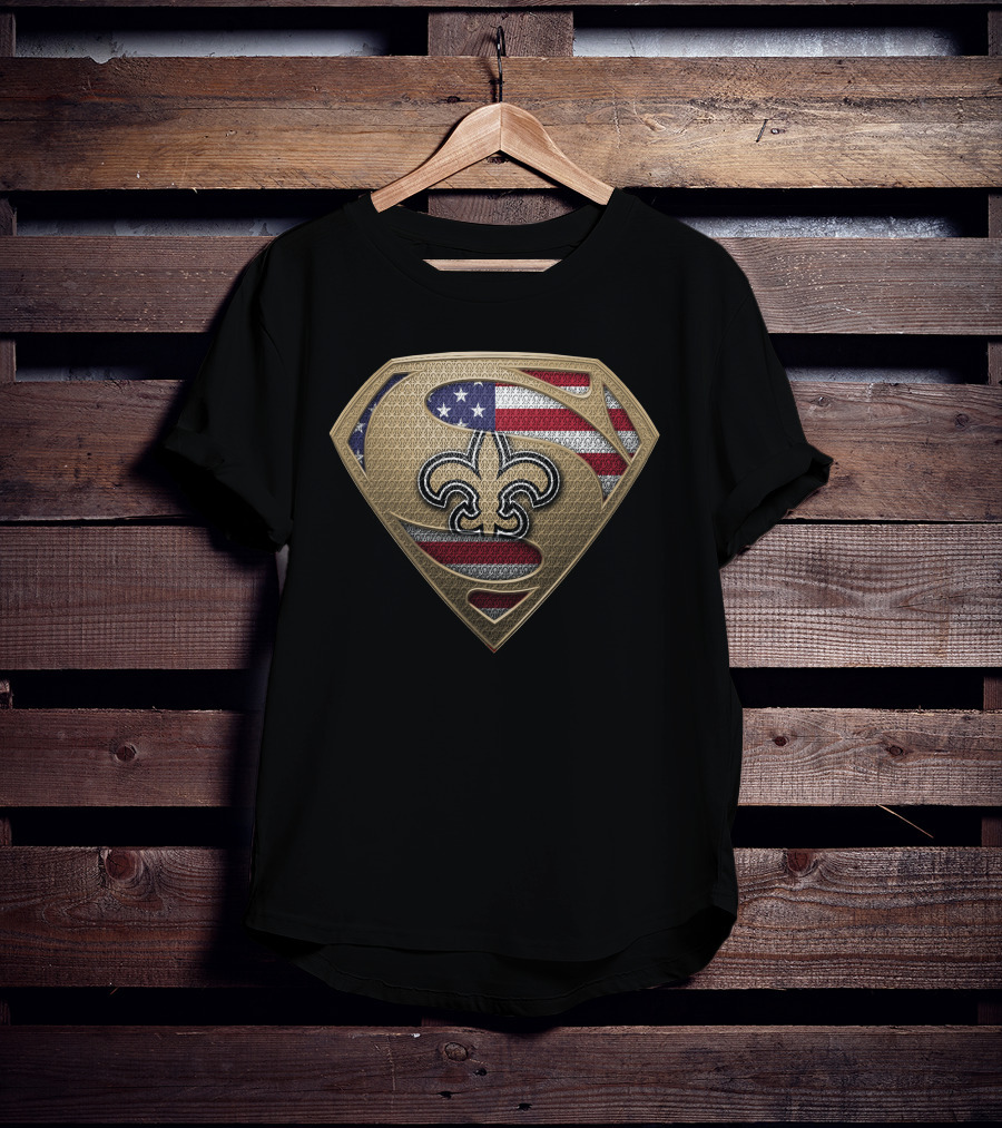 New Orleans Saints Fleur-De-Lis Superhero Shield With American Flag T-Shirt