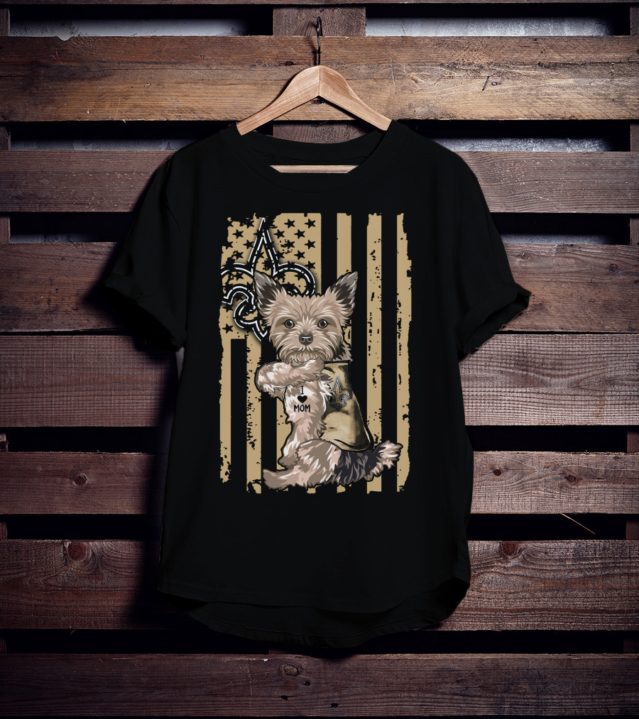 Yorkshire Terrier I Love Mom New Orleans Saints Fleur-de-Lis Stripes T-Shirt