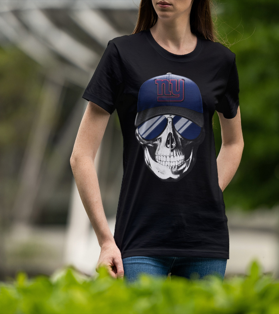 Skull V7 New York Giants Football Fan Cap With Reflective Sunglasses T-Shirt