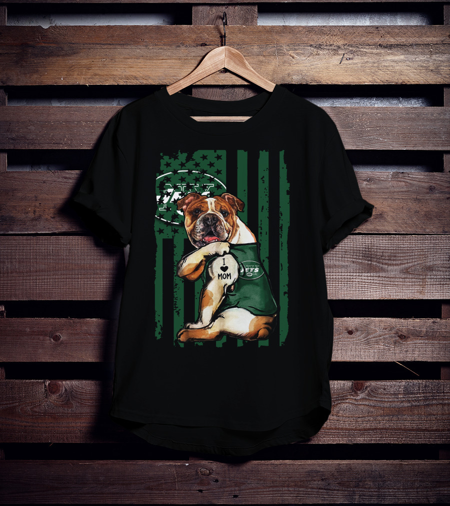 Bulldog In New York Jets Shirt With I Love Mom Tattoo T-Shirt