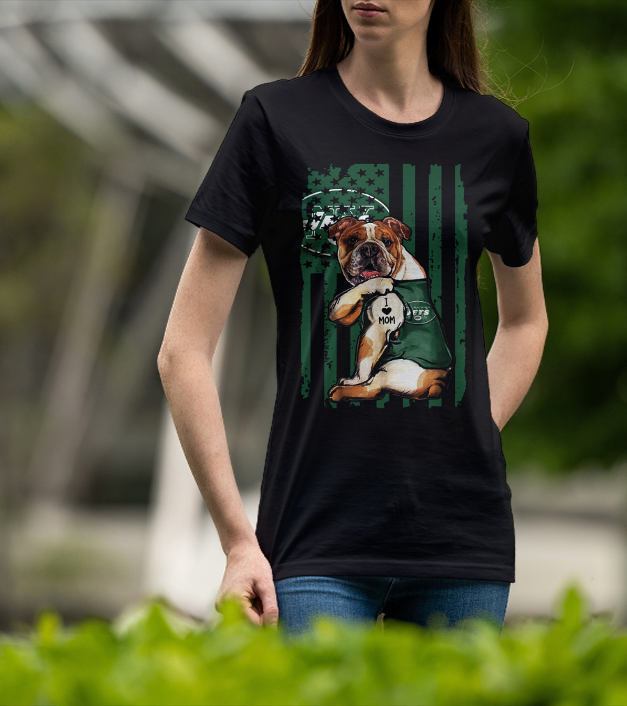 Bulldog In New York Jets Shirt With I Love Mom Tattoo T-Shirt